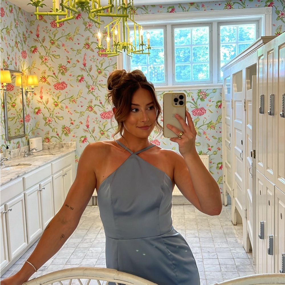 Azazie Dusty Blue Dress - Elegant Halter Neck Dress